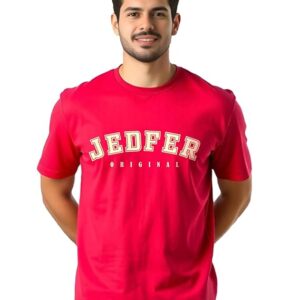 JEDFER Men's 100% Pure Cotton, Half Sleeve, Branded Original Printed Design, Round Neck, Red T-Shirt