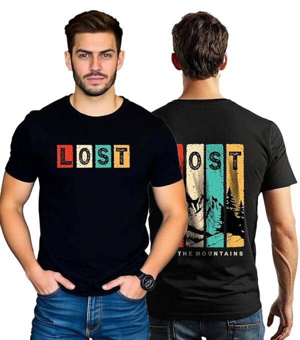 JEDFER Pure Cotton Printed Half Sleeve T-Shirts, Lost in The Mountains Printed Design, Round Neck T-Shirts for Men's & Boy's
